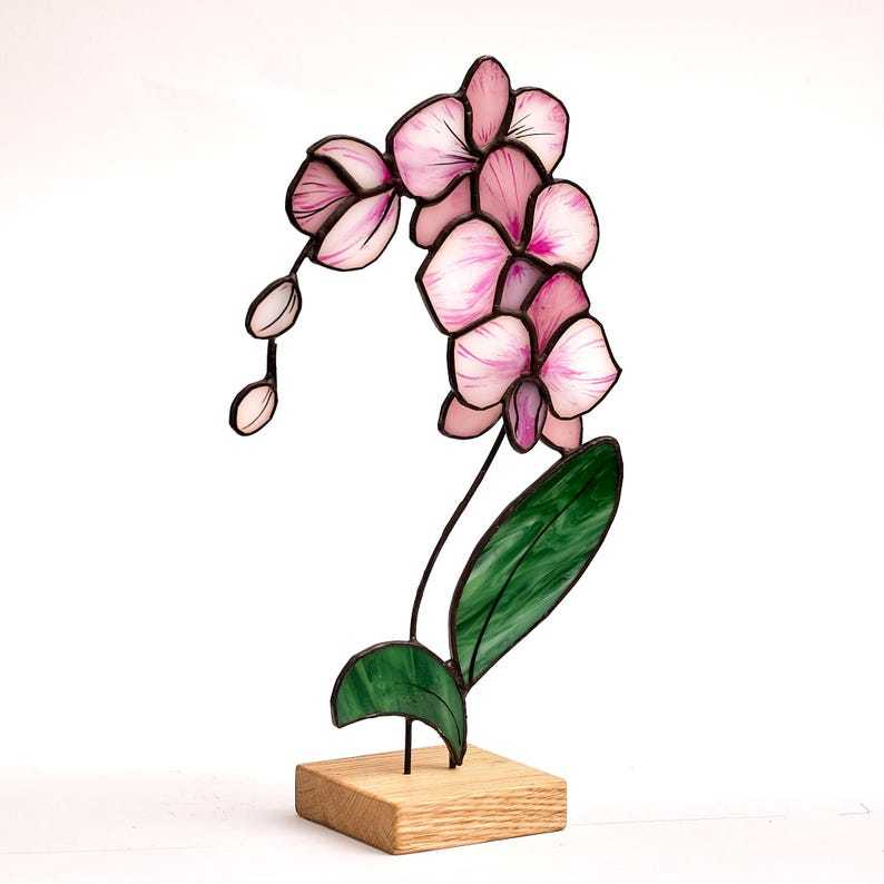 Stained Glass Pink Orchid – Unique Floral Design on Wooden Base – Botanical Glass Art for Home Decor or Gift - Table top floral decoration