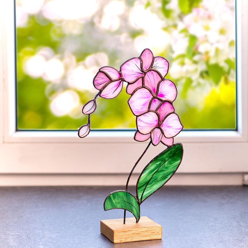Stained Glass Pink Orchid – Unique Floral Design on Wooden Base – Botanical Glass Art for Home Decor or Gift - Table top floral decoration