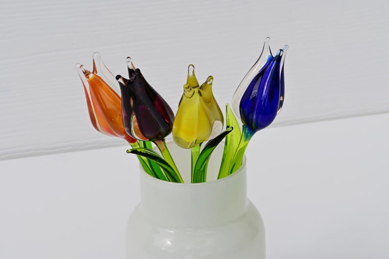 Glass Tulip Flowers, Blown Glass Flowers Bouquet - Glass Birth Month Flower - Tulip Glass Flowers with Stems - Birthday Day Gift for Her
