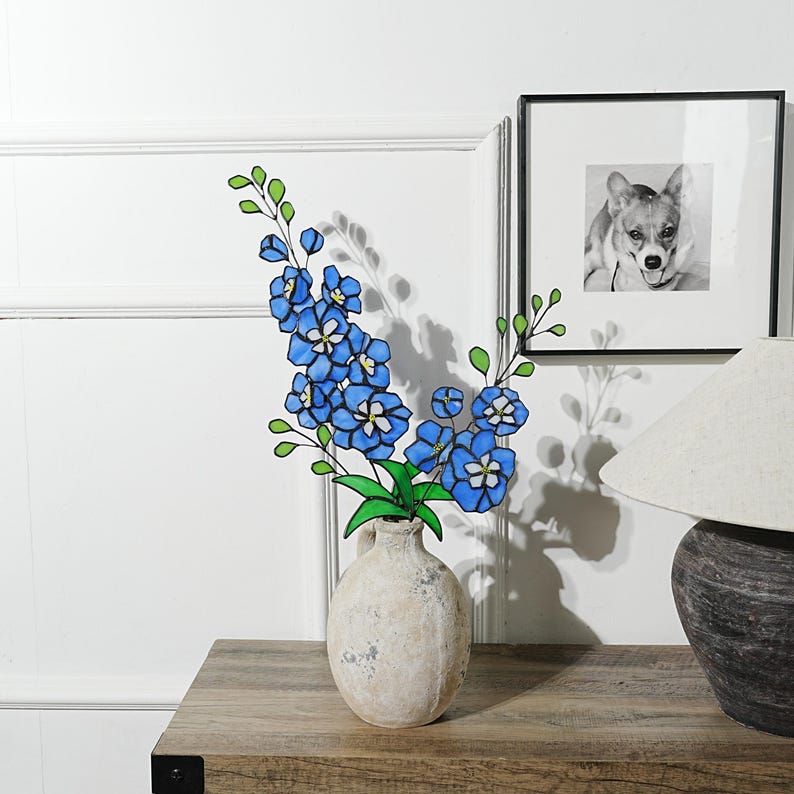 Stained Glass Delphinium Flower Decor, Blue and Purple Set of 2