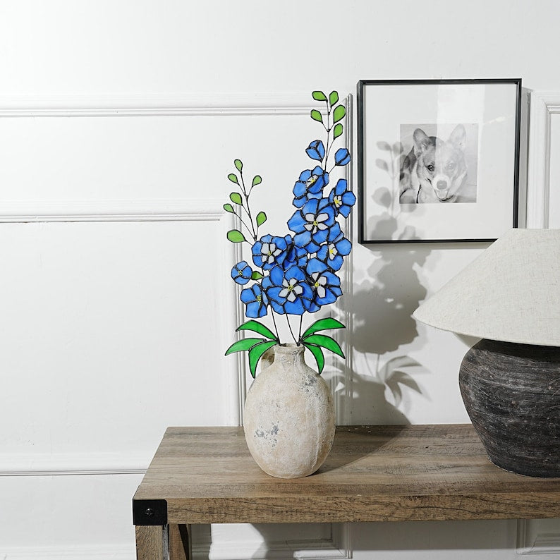 Stained Glass Delphinium Flower Decor, Blue and Purple Set of 2