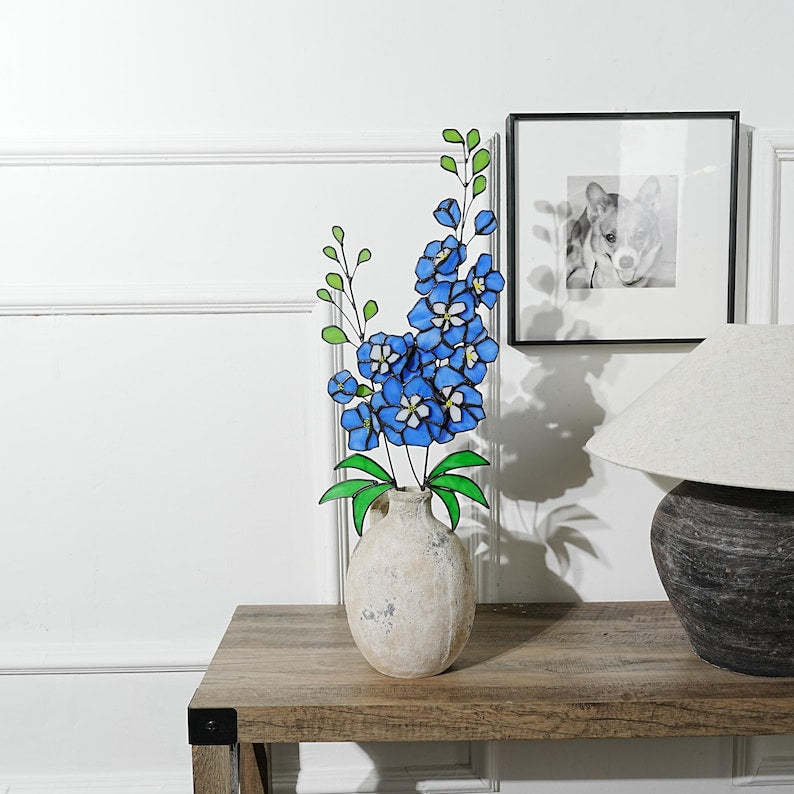 Stained Glass Delphinium Flower Decor, Blue and Purple Set of 2