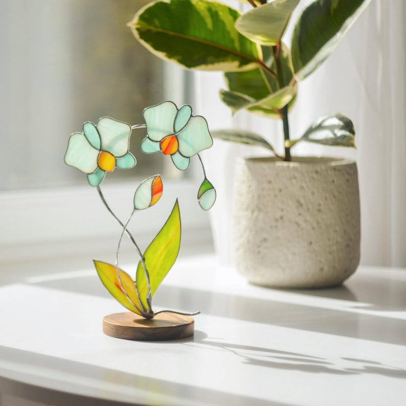 Stained Glass Orchid Flowers, Plant Stake Orchid Sculpture Decor