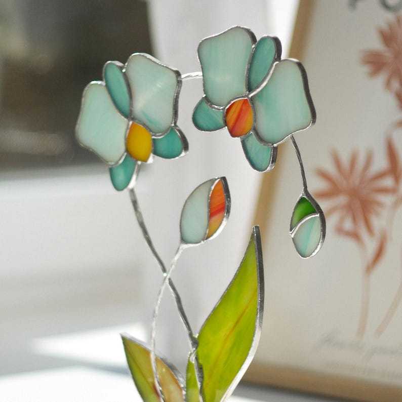 Stained Glass Orchid Flowers, Plant Stake Orchid Sculpture Decor