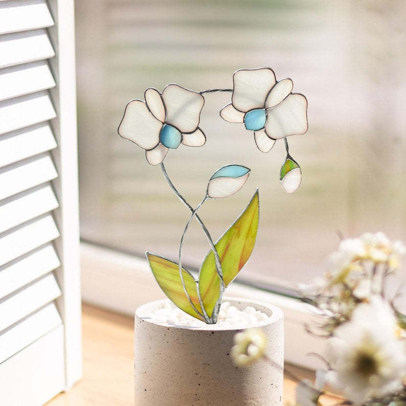 Stained Glass Orchid Flowers, Plant Stake Orchid Sculpture Decor