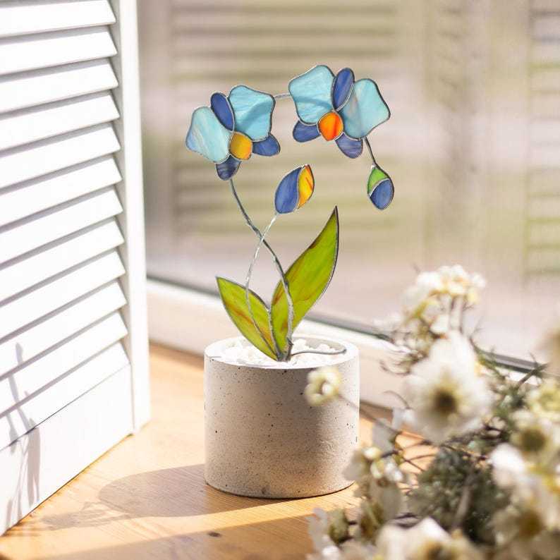 Stained Glass Orchid Flowers, Plant Stake Orchid Sculpture Decor