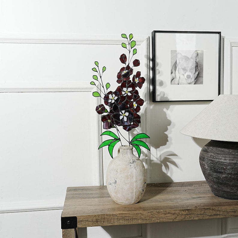 Stained Glass Delphinium Flower Decor, Blue and Purple Set of 2