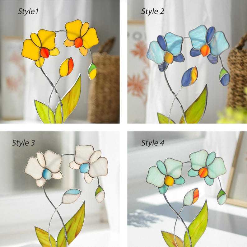 Stained Glass Orchid Flowers, Plant Stake Orchid Sculpture Decor