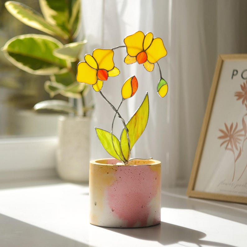 Stained Glass Orchid Flowers, Plant Stake Orchid Sculpture Decor