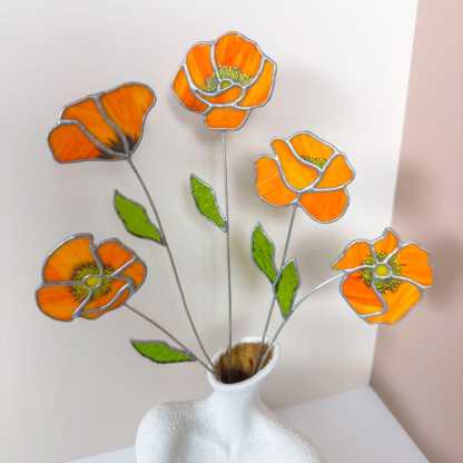 Stained Glass California Poppy Set, Orange Wildflower Bouquet Decor