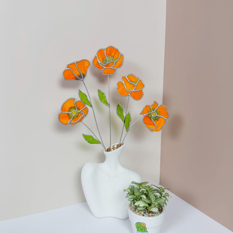 Stained Glass California Poppy Set, Orange Wildflower Bouquet Decor