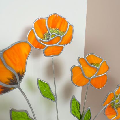 Stained Glass California Poppy Set, Orange Wildflower Bouquet Decor