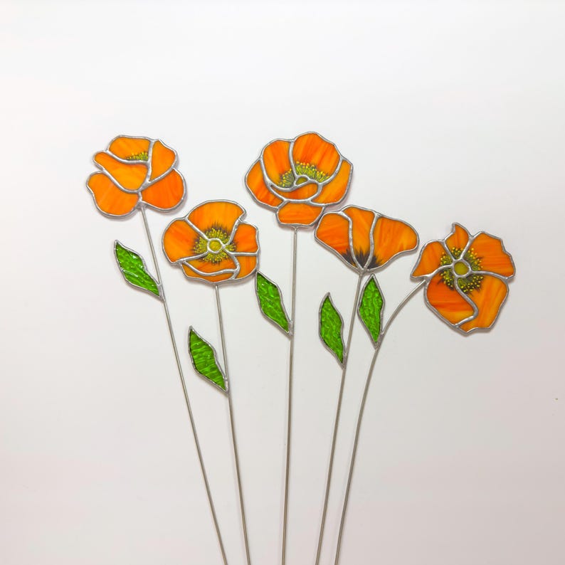 Stained Glass California Poppy Set, Orange Wildflower Bouquet Decor