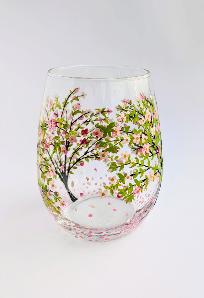 Cherry Blossom Stemless Wine Glass Vase, Floral Tumbler
