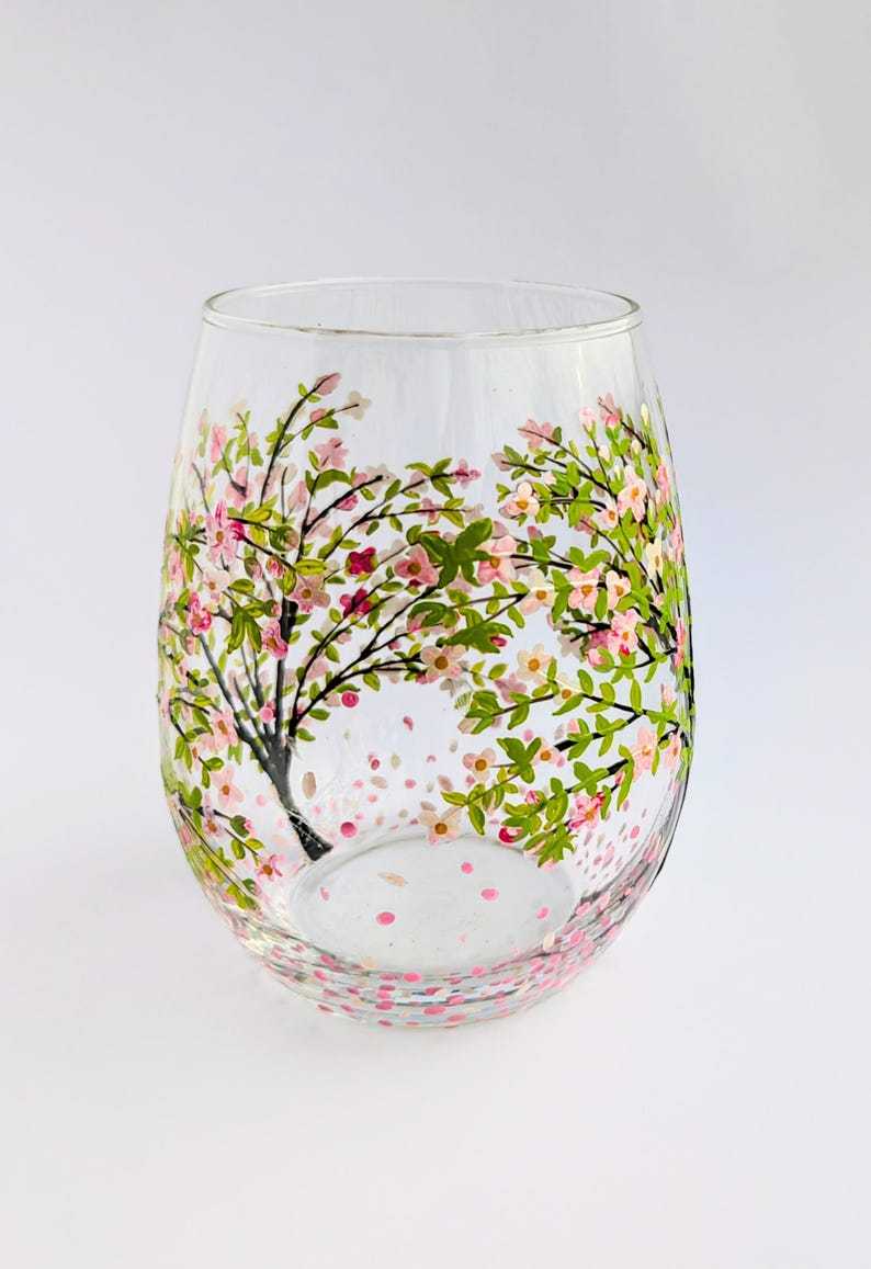 Cherry Blossom Stemless Wine Glass Vase, Floral Tumbler