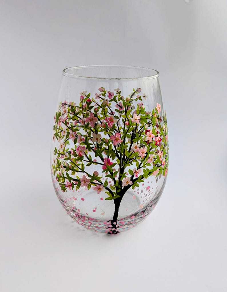 Cherry Blossom Stemless Wine Glass Vase, Floral Tumbler