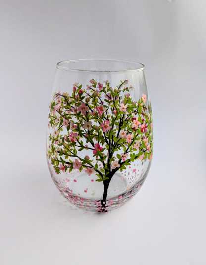 Cherry Blossom Stemless Wine Glass Vase, Floral Tumbler