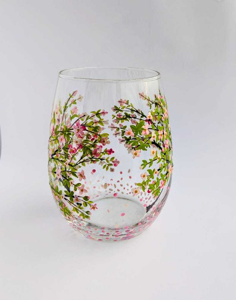 Cherry Blossom Stemless Wine Glass Vase, Floral Tumbler