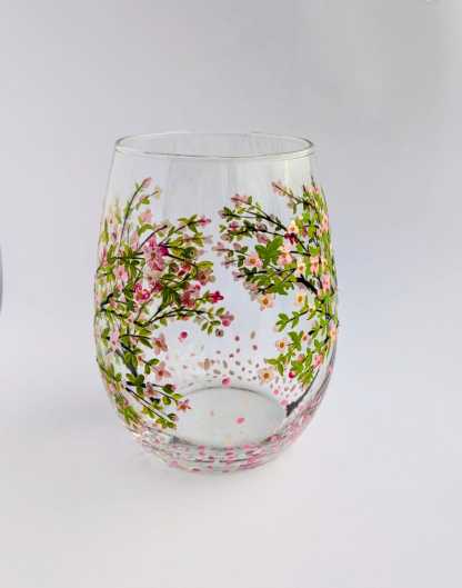 Cherry Blossom Stemless Wine Glass Vase, Floral Tumbler
