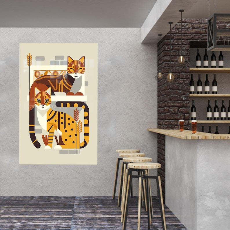 Two Cats Glass Wall Art – Abstract Minimal Animal Design