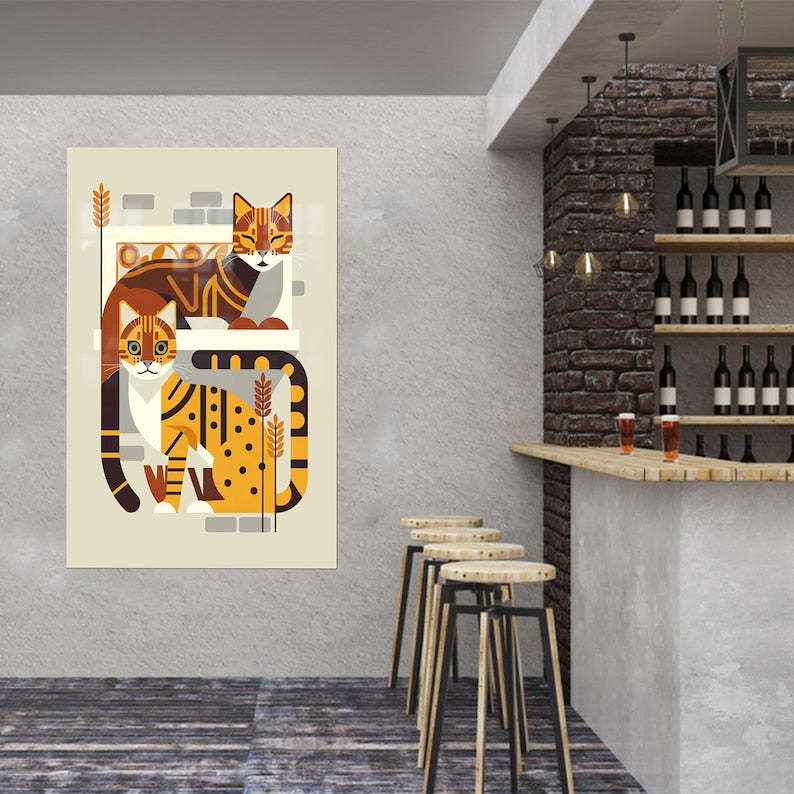 Two Cats Glass Wall Art – Abstract Minimal Animal Design