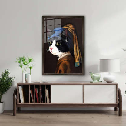 Cat with Pearl Earring Glass Wall Art – Artistic Print