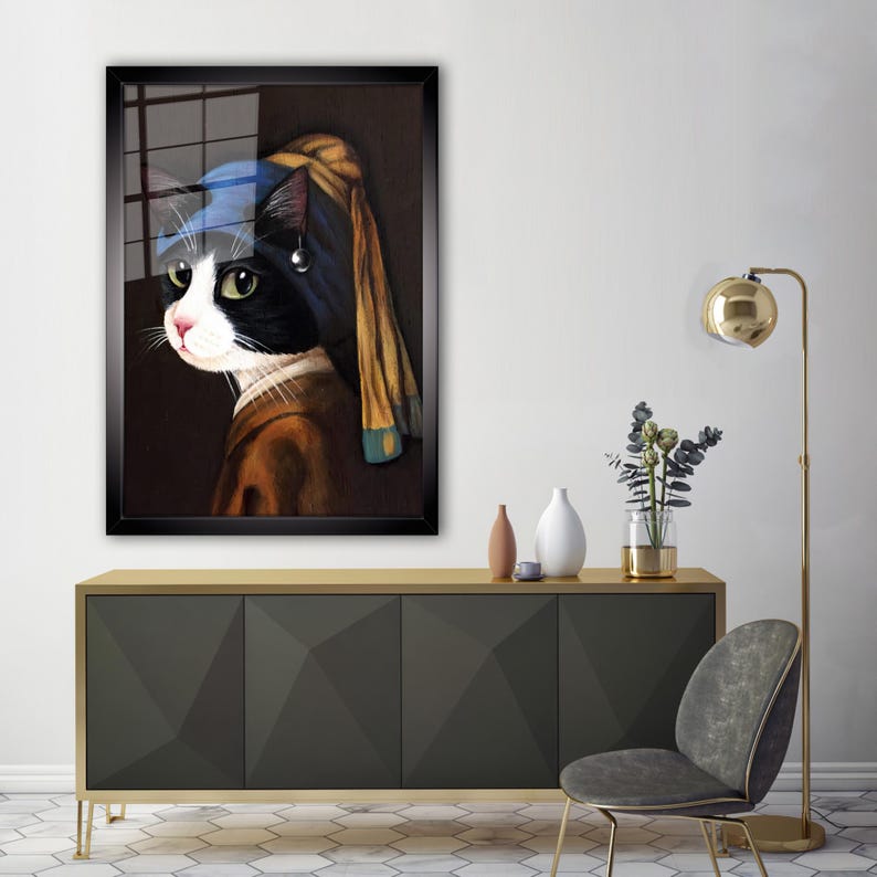 Cat with Pearl Earring Glass Wall Art – Artistic Print