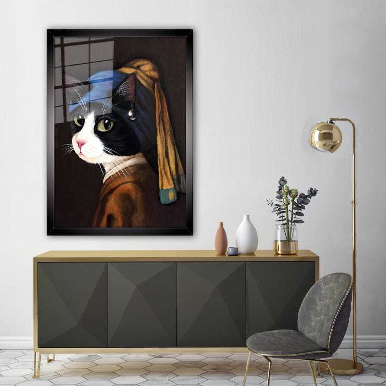 Cat with Pearl Earring Glass Wall Art – Artistic Print