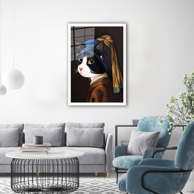 Cat with Pearl Earring Glass Wall Art – Artistic Print