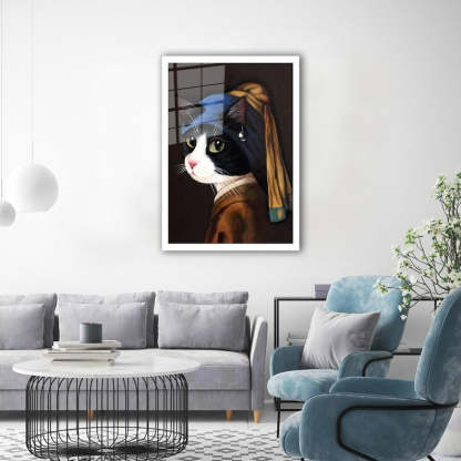 Cat with Pearl Earring Glass Wall Art – Artistic Print