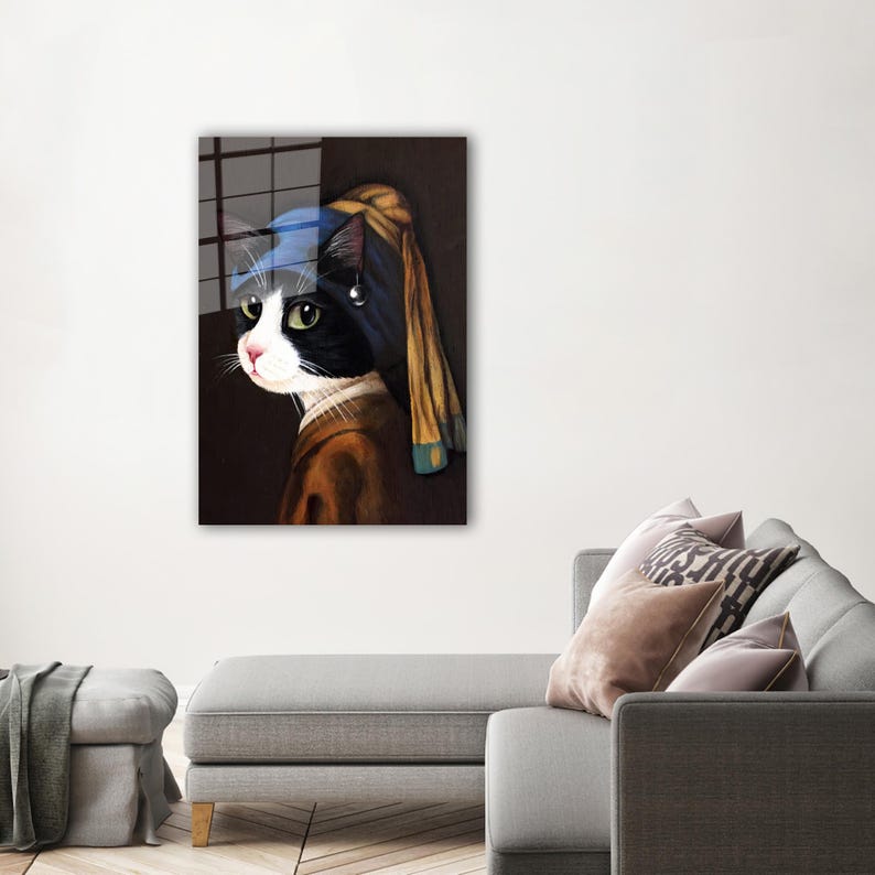 Cat with Pearl Earring Glass Wall Art – Artistic Print