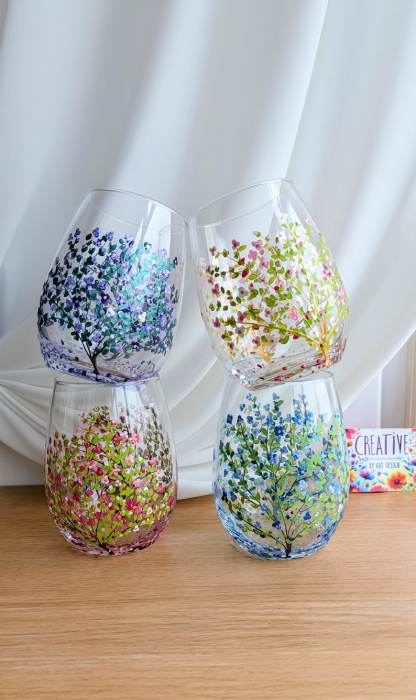Cherry Blossom Stemless Wine Glass Vase, Floral Tumbler