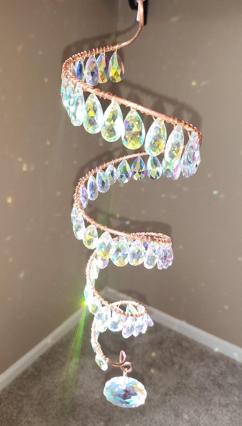 Copper and Crystal Spiral Sun Catcher; Suncatcher; Rainbow AB Crystal Decor; Cottagecore Decor; Zodiac Decor; Minimalist Decor; Zen Decor