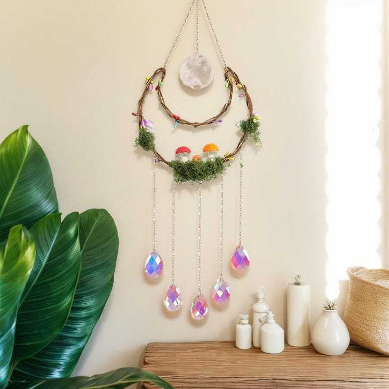 Crystal Suncatcher Mushroom Fairy Garden Rainbow Maker Window Decor