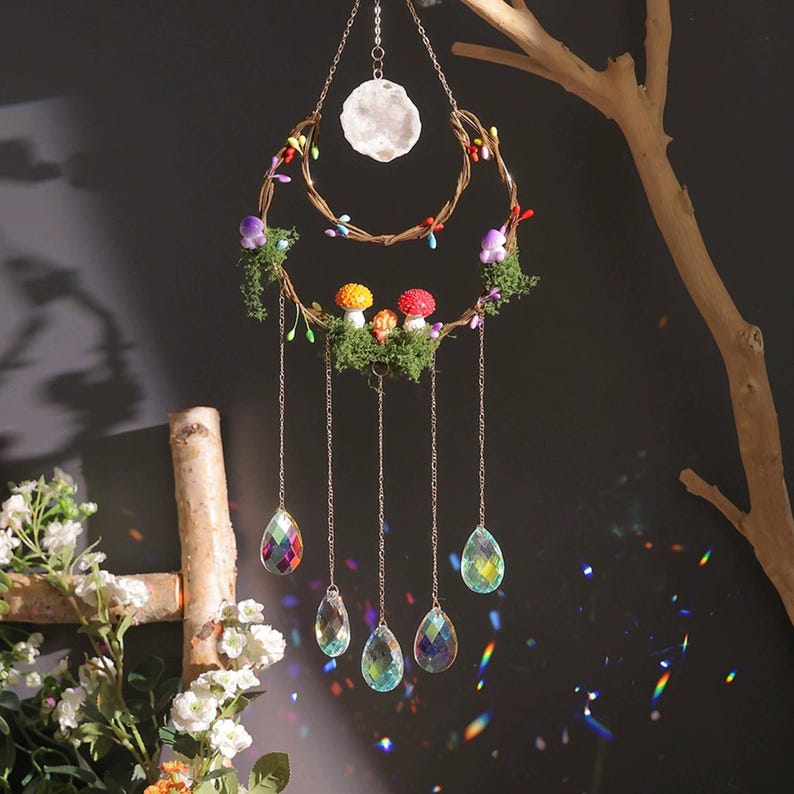 Crystal Suncatcher Mushroom Fairy Garden Rainbow Maker Window Decor