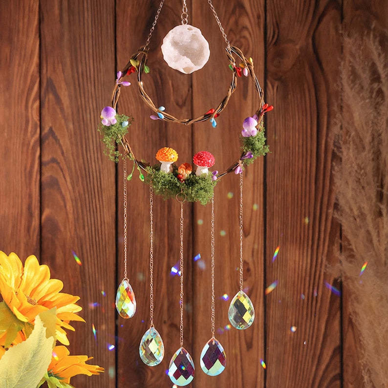 Crystal Suncatcher Mushroom Fairy Garden Rainbow Maker Window Decor