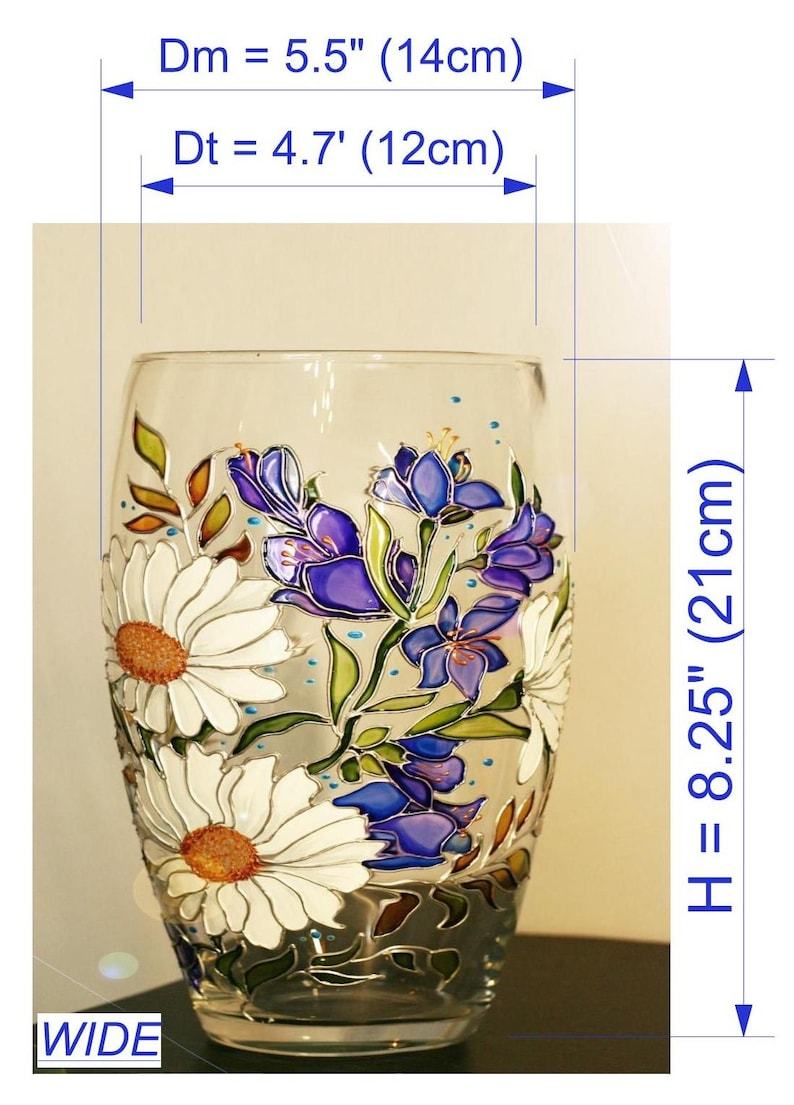 Vase with bells and daisies Stained glass hand painted vase Wildflowers handpainted personalized glass vase Original mother day gift