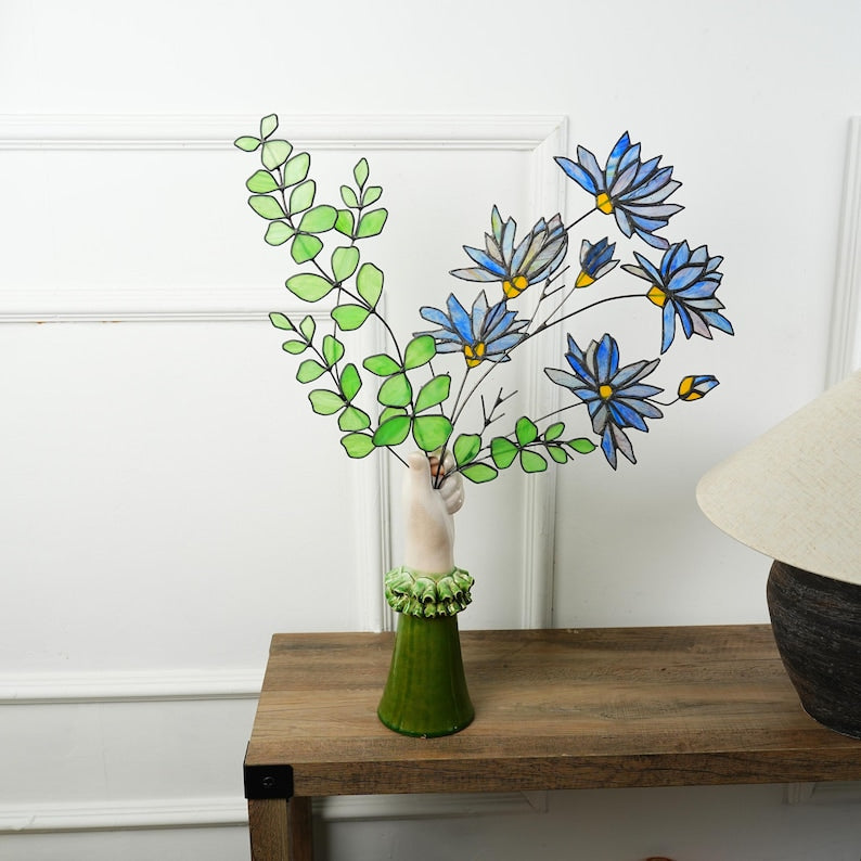 Stained Glass Aster and Eucalyptus Bouquet, Minimalist Home Decor