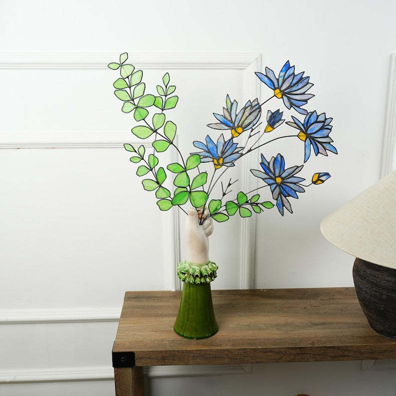 Stained Glass Aster and Eucalyptus Bouquet, Minimalist Home Decor
