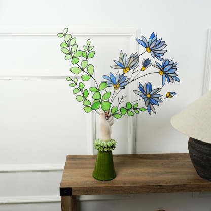 Stained Glass Aster and Eucalyptus Bouquet, Minimalist Home Decor