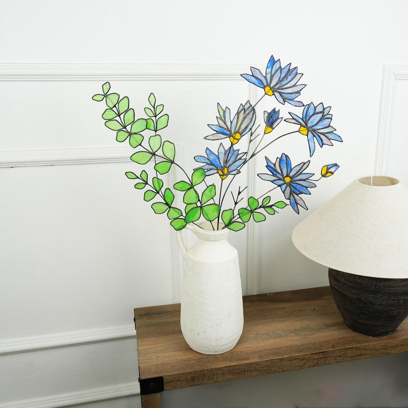 Stained Glass Aster and Eucalyptus Bouquet, Minimalist Home Decor