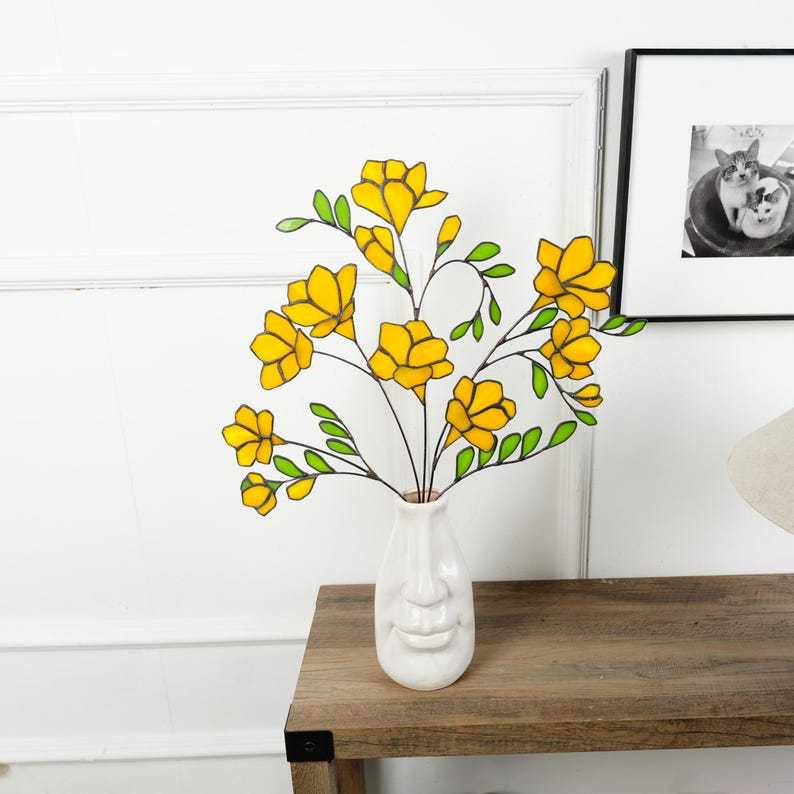 Stained Glass Freesia Flower Bouquet, Floral Home Style Decor