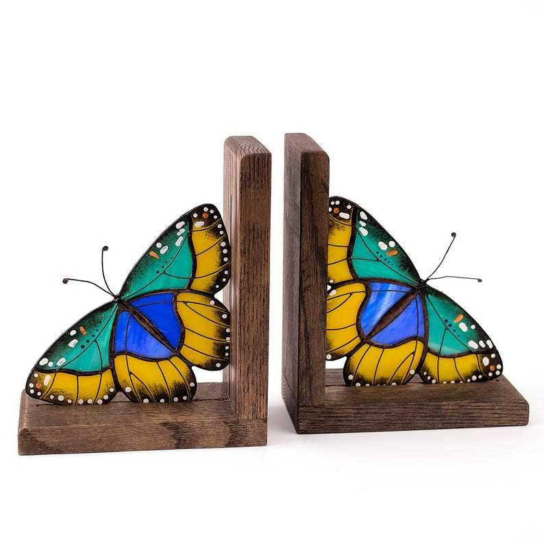 Stained Glass Euphaedra Butterfly Bookends, Oak Wood Shelf Decor