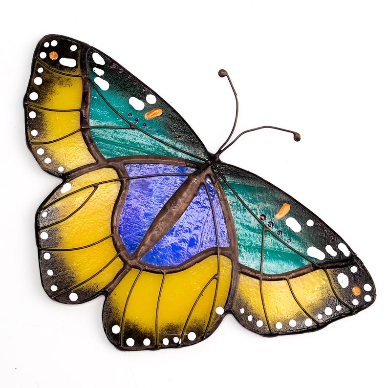 Stained Glass Euphaedra Butterfly Bookends, Oak Wood Shelf Decor