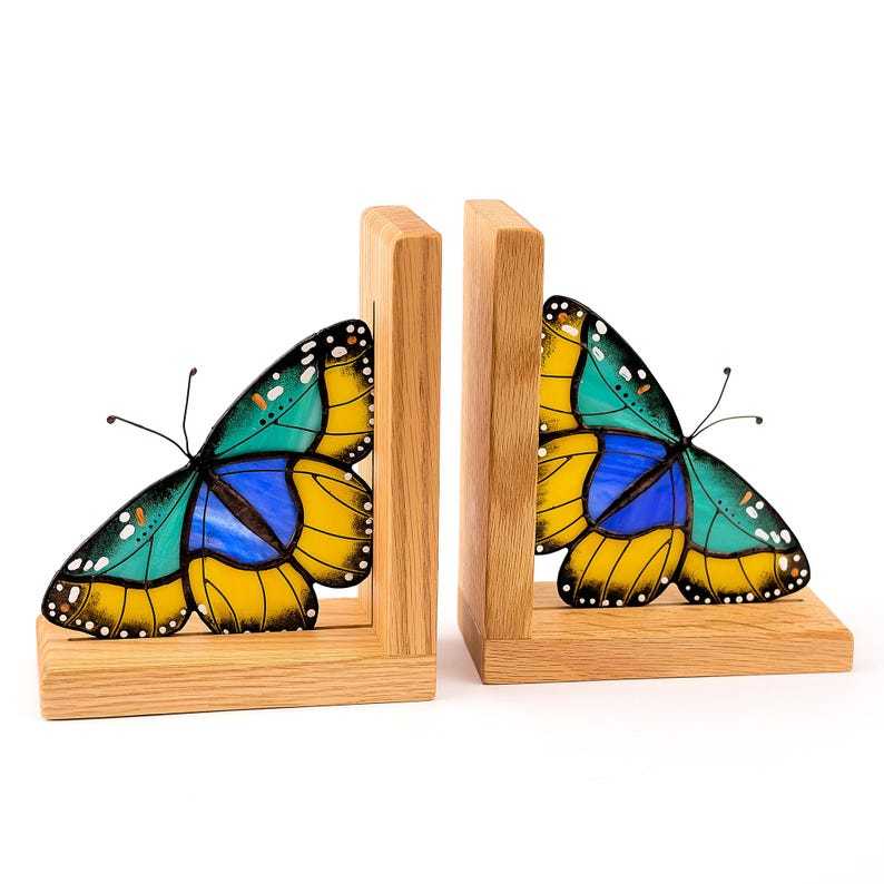 Stained Glass Euphaedra Butterfly Bookends, Oak Wood Shelf Decor