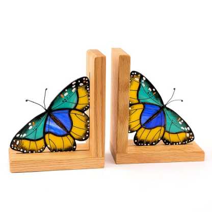 Stained Glass Euphaedra Butterfly Bookends, Oak Wood Shelf Decor