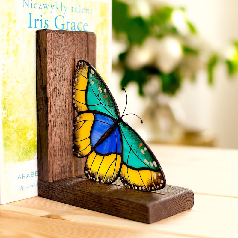 Stained Glass Euphaedra Butterfly Bookends, Oak Wood Shelf Decor