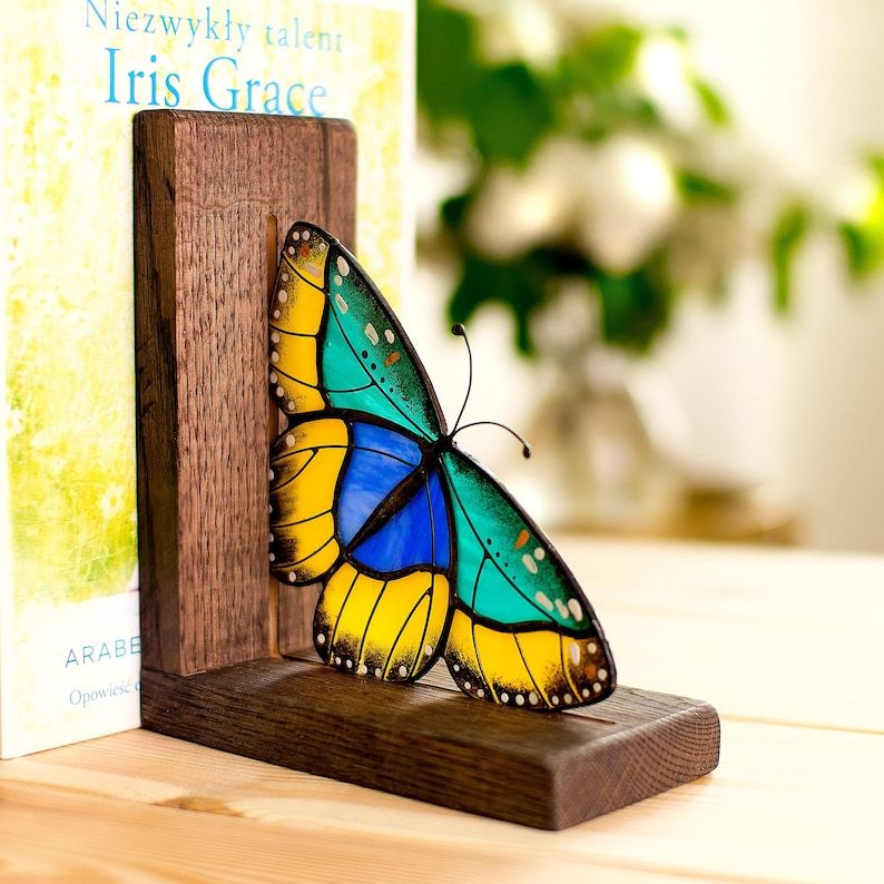 Stained Glass Euphaedra Butterfly Bookends, Oak Wood Shelf Decor