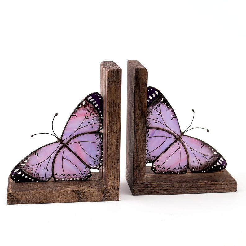 Lavender Monarch Butterfly Stained Glass Bookend: Oak Bookshelf Decor
