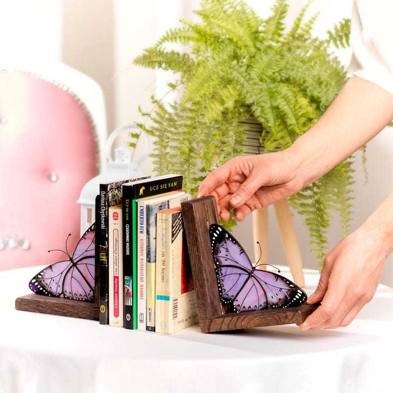 Lavender Monarch Butterfly Stained Glass Bookend: Oak Bookshelf Decor